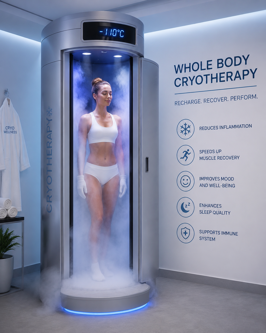 A member inside a whole body cryotherapy chamber at −110°C, surrounded by cold mist.