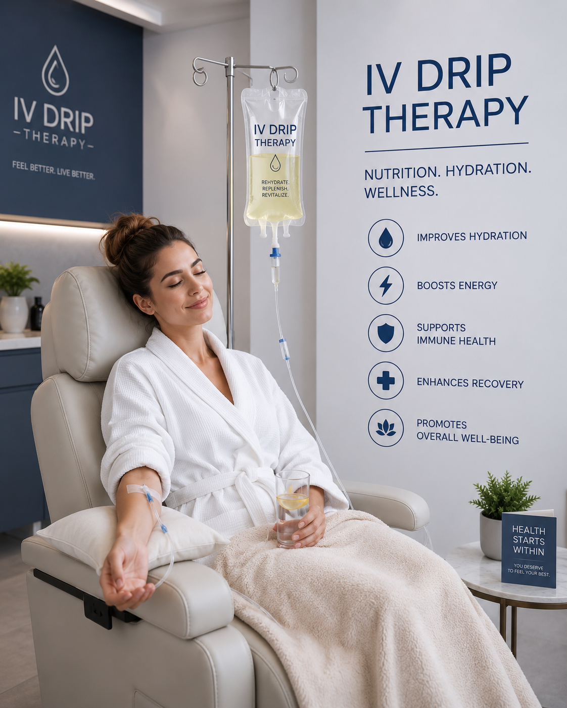 A member reclining in a clinic chair receiving an IV drip therapy session.