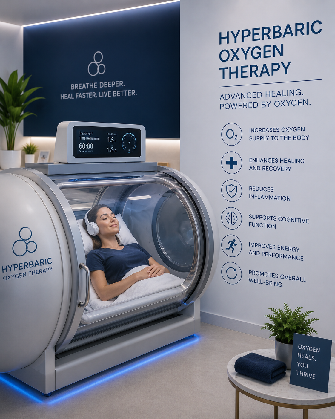 A member resting inside a hyperbaric oxygen therapy chamber during a session.