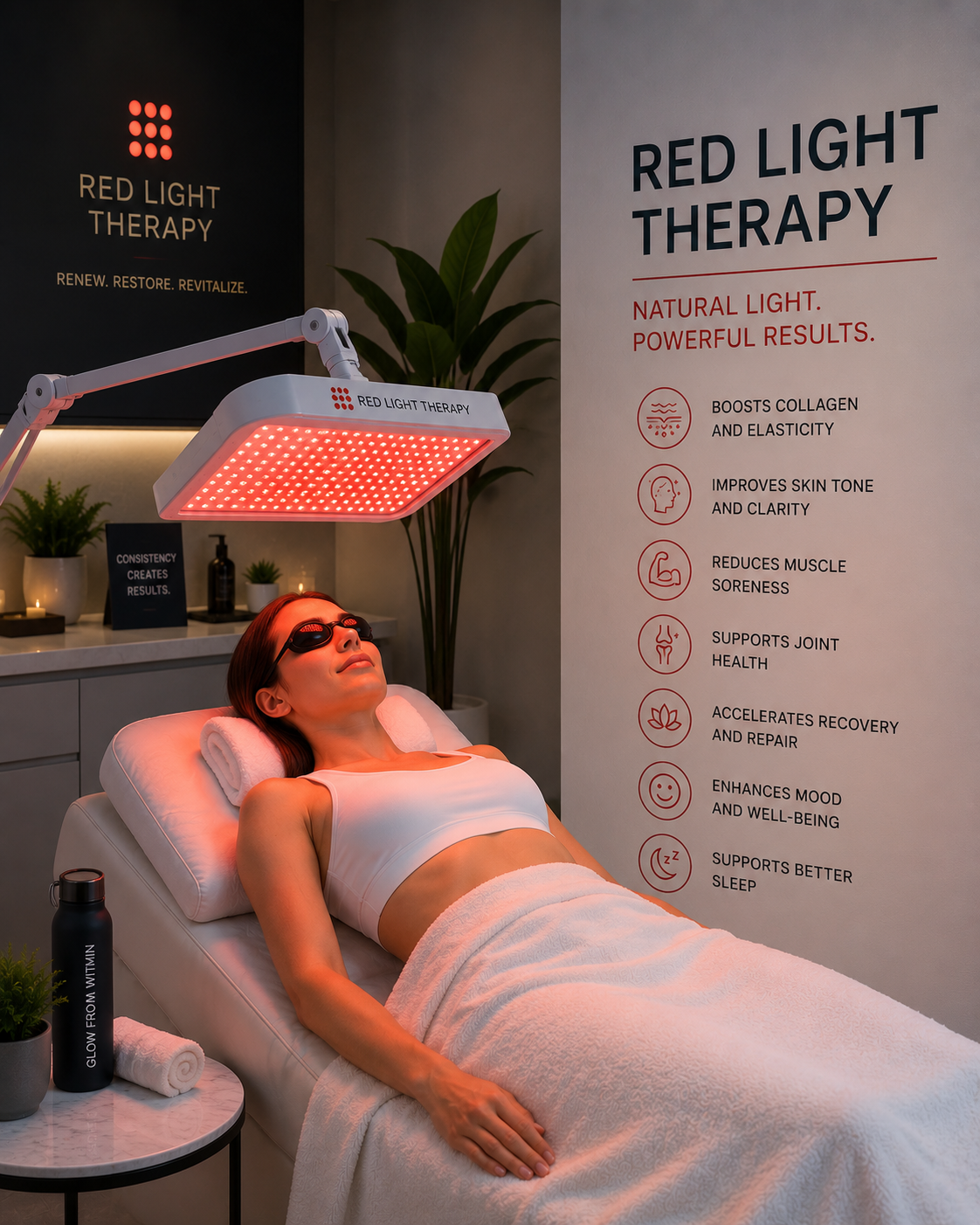 A member relaxing beneath a red light therapy panel during a photobiomodulation session.
