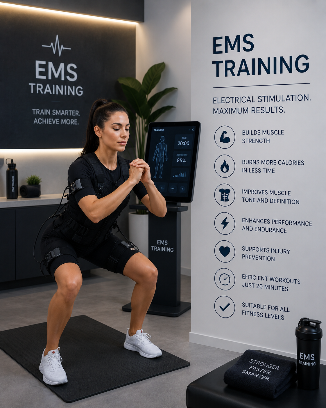 A member in an EMS suit performing a squat during a 20-minute electro-muscular training session.