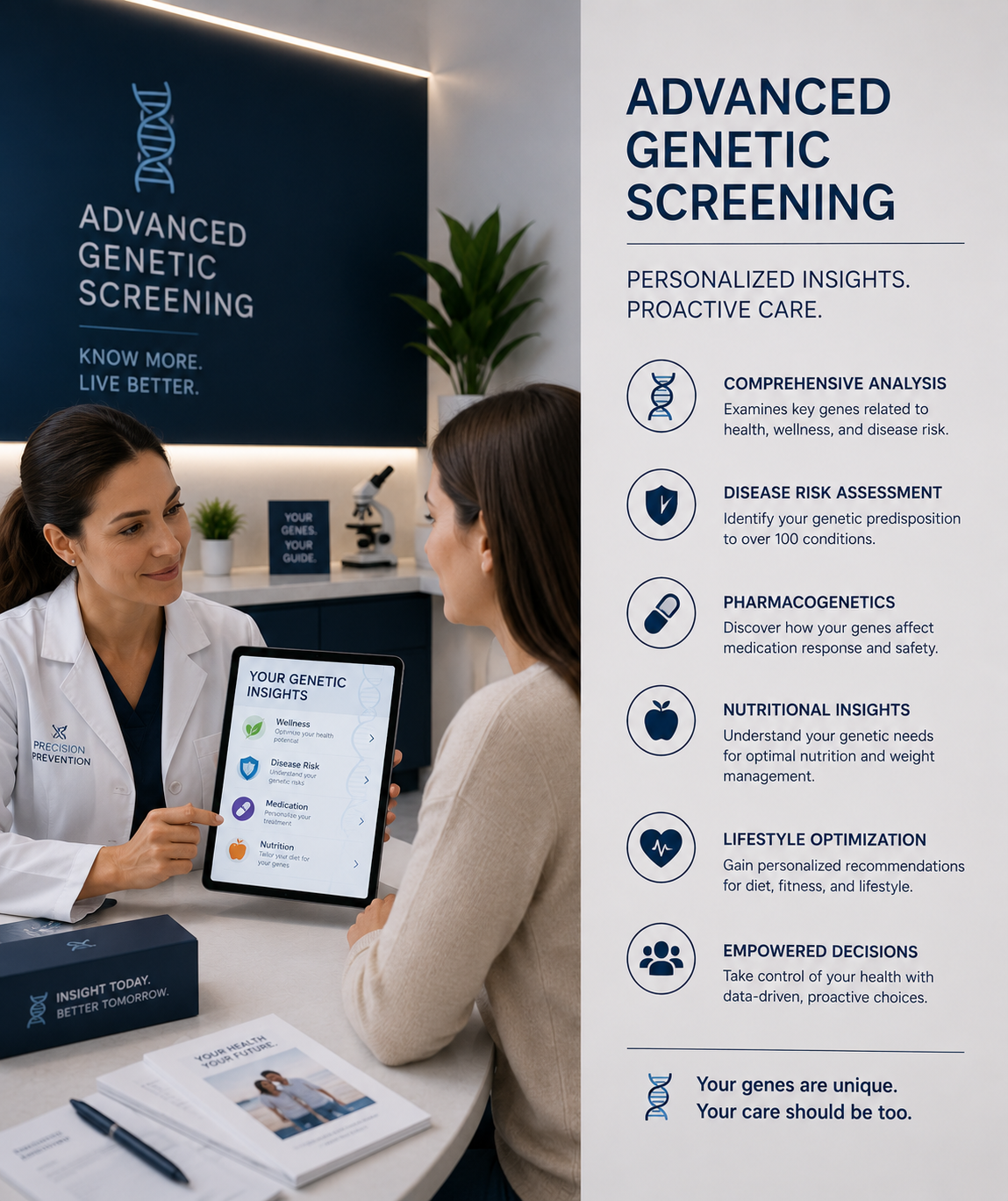 A clinician walking a member through their advanced genetic screening insights on a tablet.