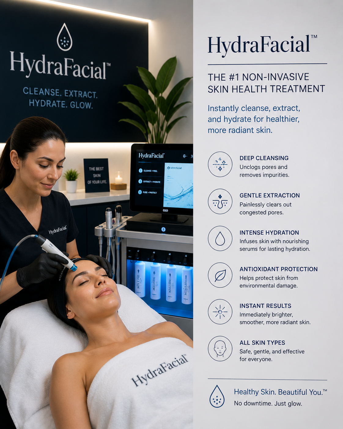 A clinician performing a multi-step HydraFacial treatment on a member.
